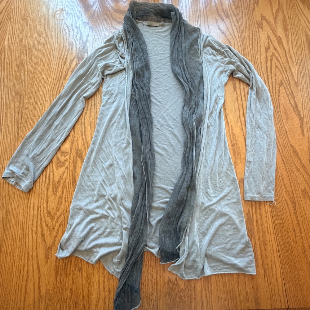 Longline Cardigan Open Front Women Small Grey Silk Trim Made In Italy Minimalist